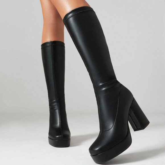 Women's Knee-High Elastic Square Toe Chunky Heels Boots - Picture 1 of 4